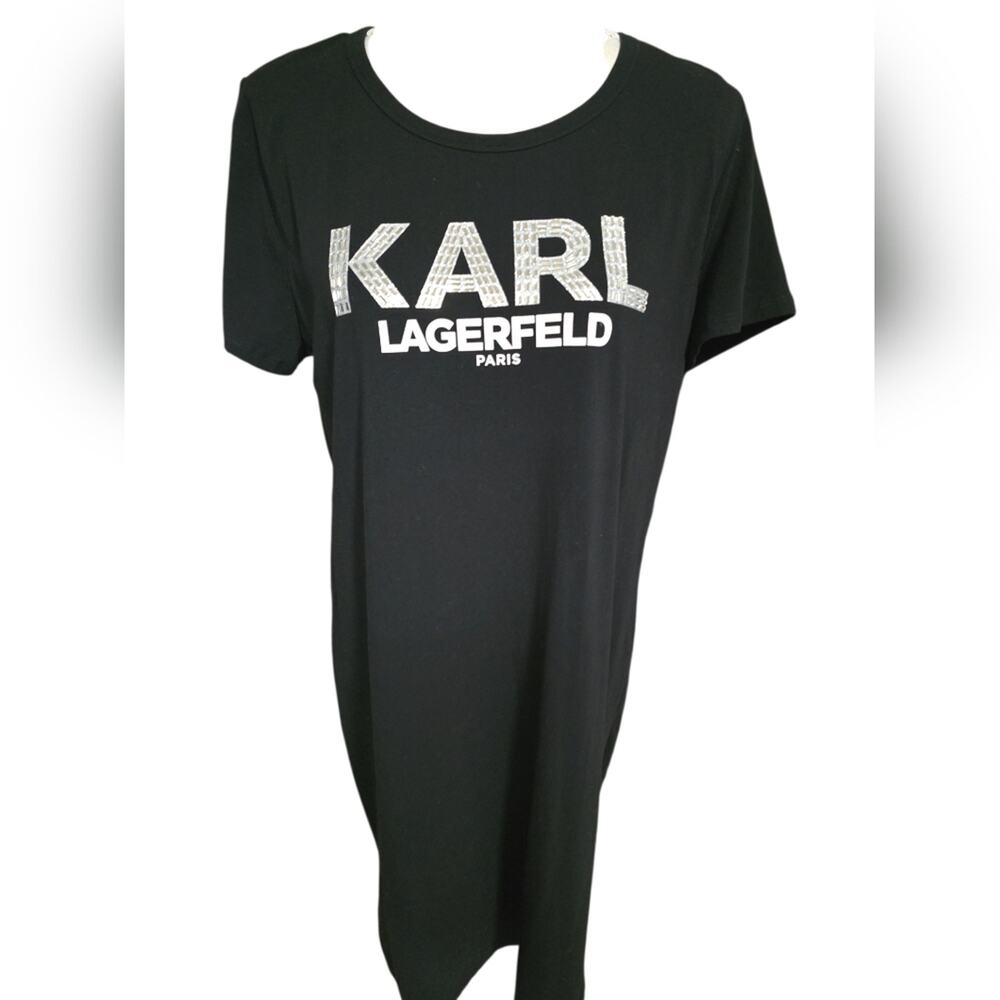 Karl Lagerfeld Paris Black Jeweled Embellished Logo Tshirt Dress